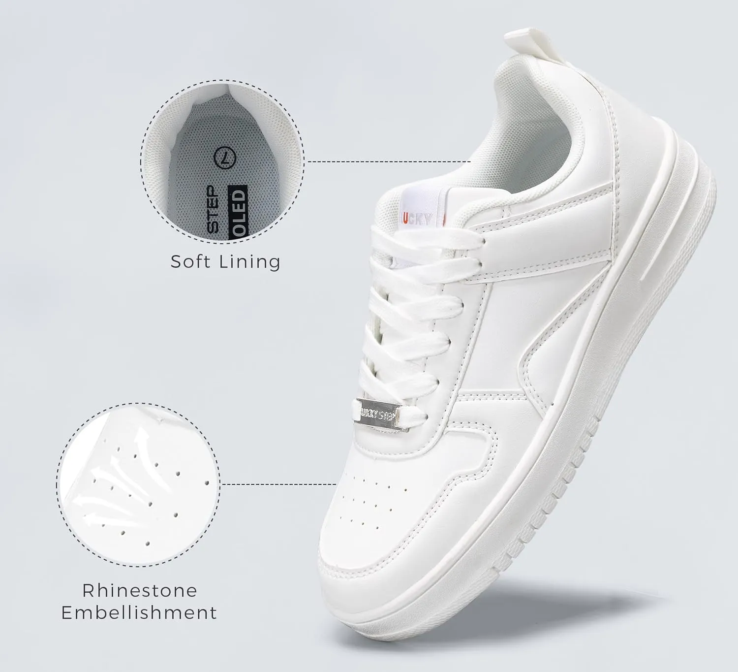 LUCKY STEP Women Fashion Sparkle Rhinestone Sneakers White Leather Low Top Tennis Shoes Lace Up Casual Comfortable Walking Shoe