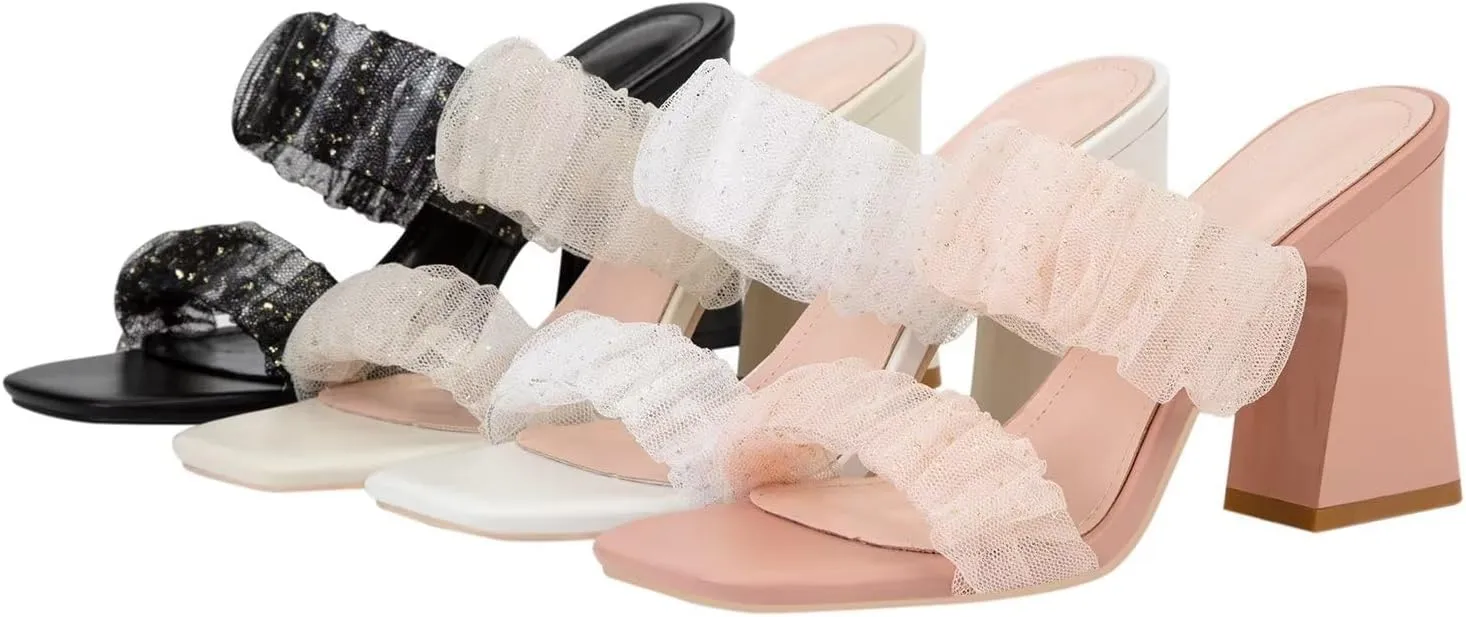 LUXINYU Braided Sandals for Women Square Open Toe Backless Mules Slip On Chunky Block Heel Slide Sandals