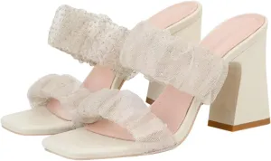 LUXINYU Braided Sandals for Women Square Open Toe Backless Mules Slip On Chunky Block Heel Slide Sandals