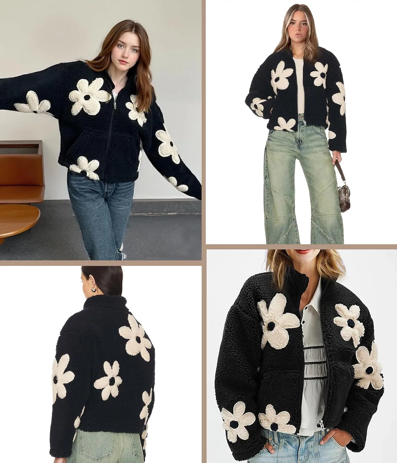Maixang Womens Floral Print Sherpa Fleece Jackets Winter Zipper Cropped Coat Casual Long Sleeve Outwear with Pockets