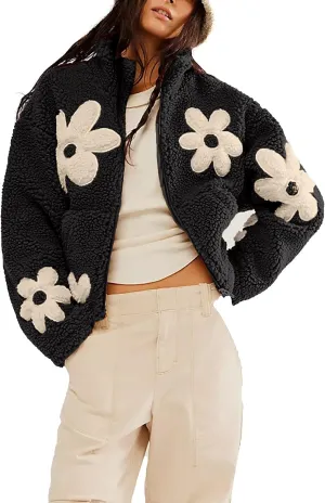 Maixang Womens Floral Print Sherpa Fleece Jackets Winter Zipper Cropped Coat Casual Long Sleeve Outwear with Pockets
