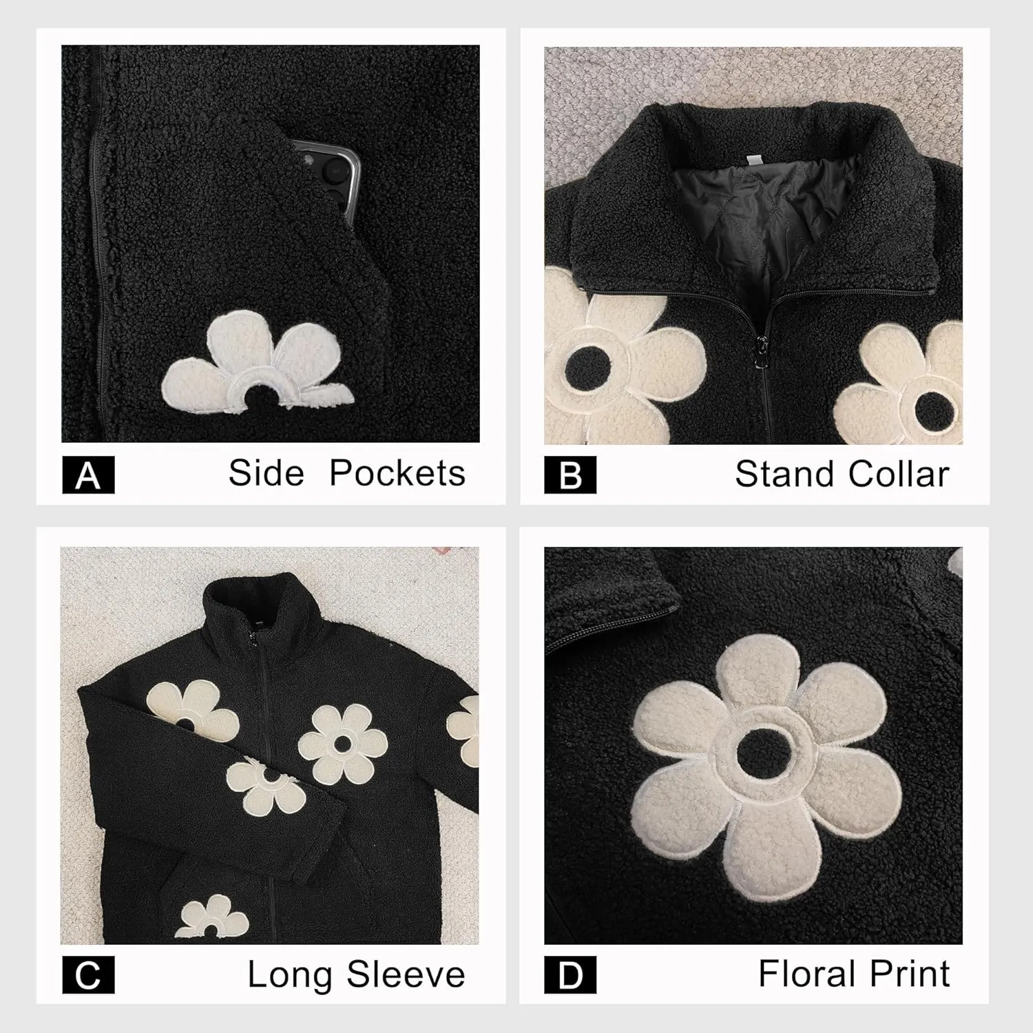 Maixang Womens Floral Print Sherpa Fleece Jackets Winter Zipper Cropped Coat Casual Long Sleeve Outwear with Pockets