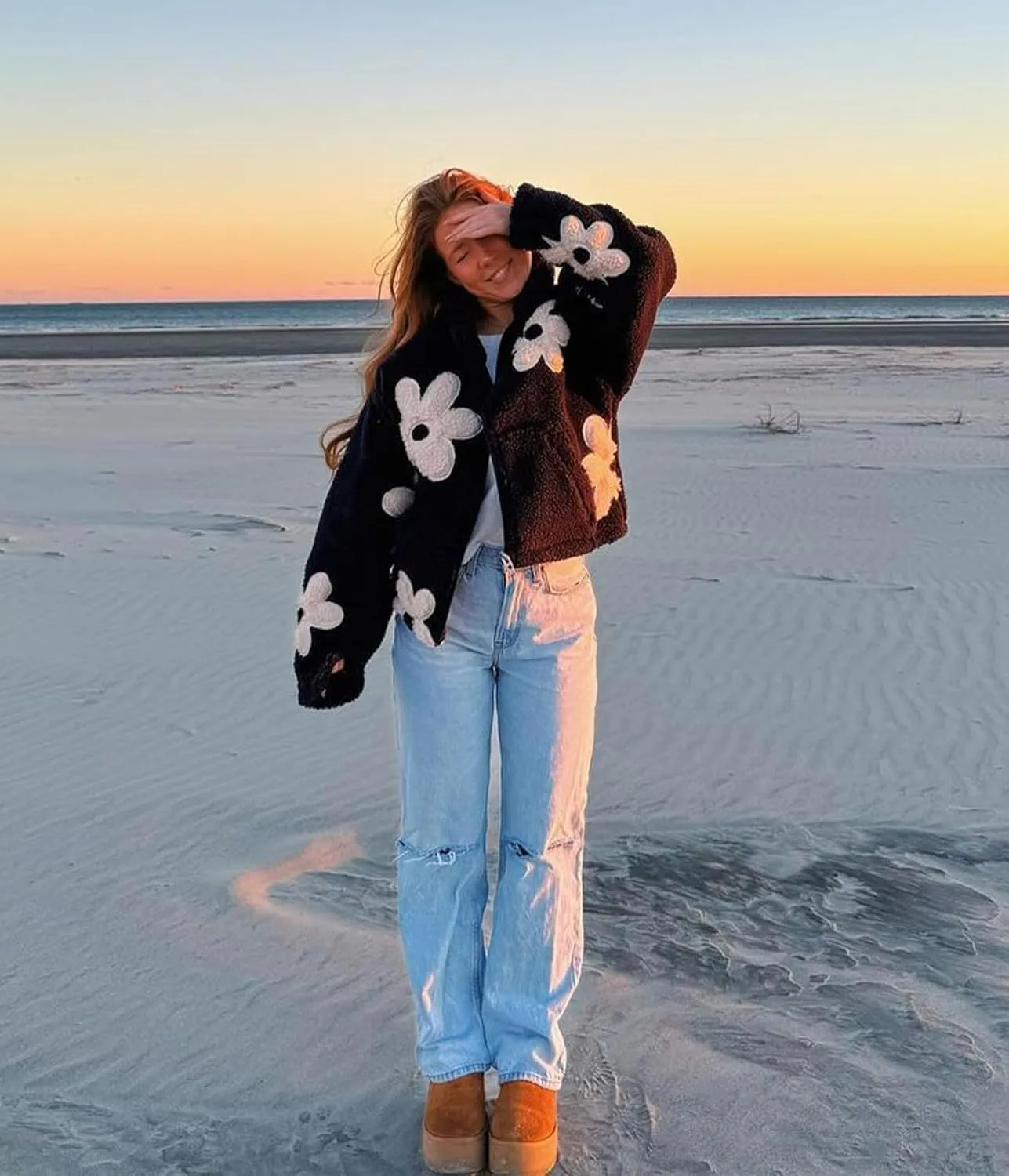 Maixang Womens Floral Print Sherpa Fleece Jackets Winter Zipper Cropped Coat Casual Long Sleeve Outwear with Pockets