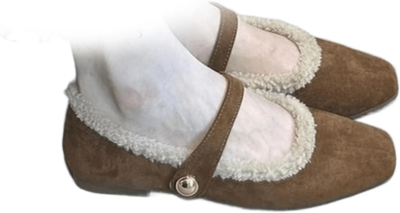 Mary Jane Flats for Women Faux Fur Ballet Flats Winter Fuzzy Warm Comfy Flats Slip On Flats Shoes Warm Plush Lined