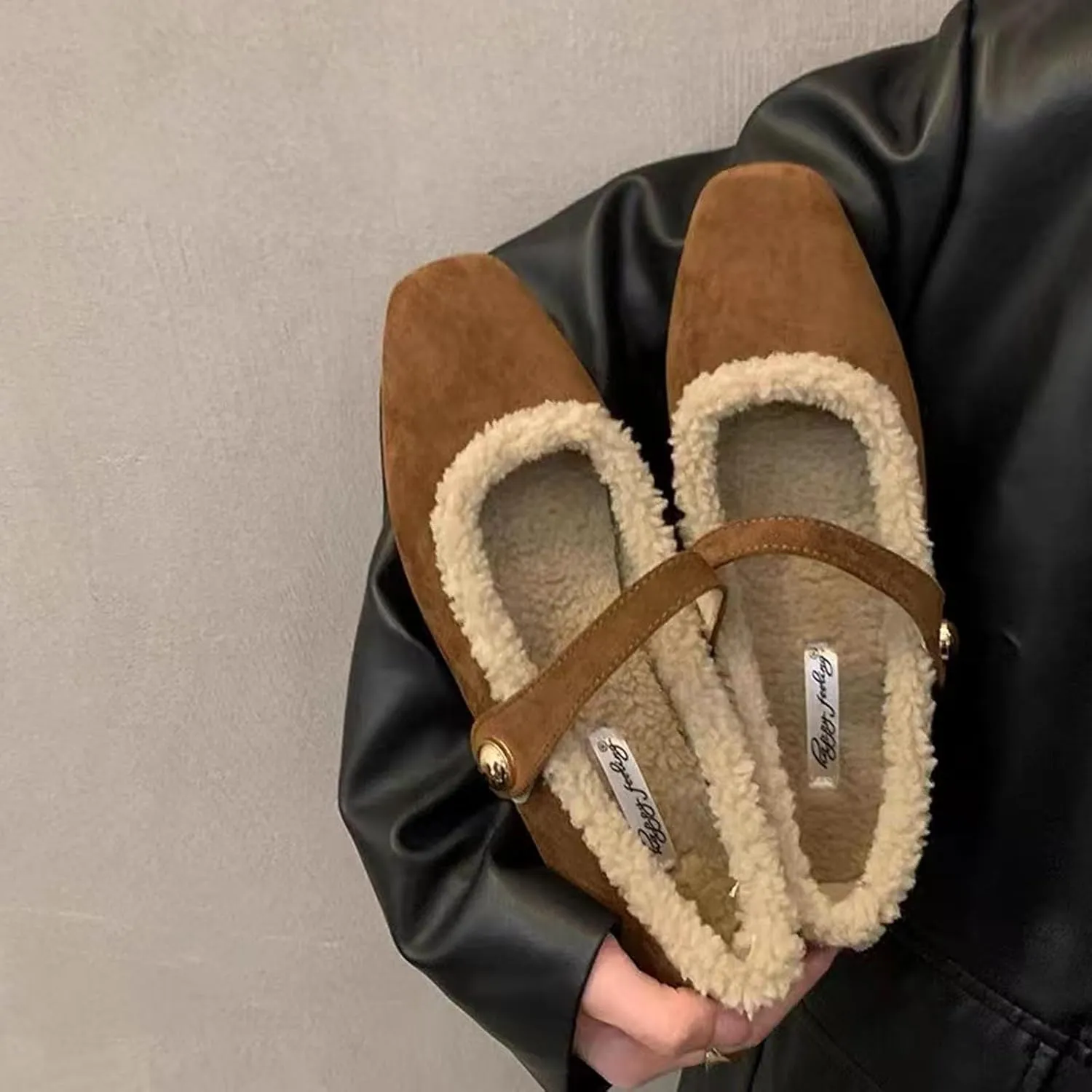 Mary Jane Flats for Women Faux Fur Ballet Flats Winter Fuzzy Warm Comfy Flats Slip On Flats Shoes Warm Plush Lined