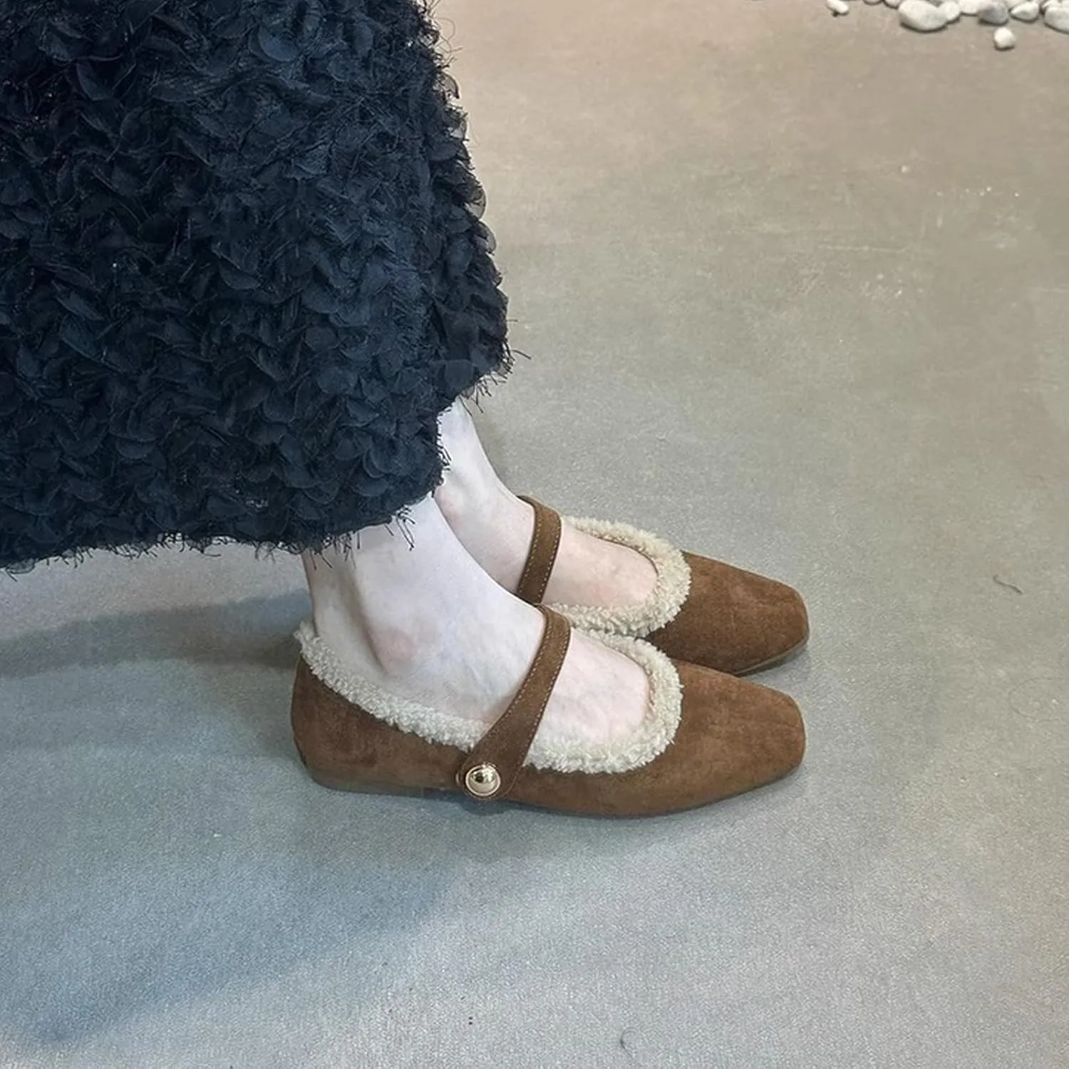Mary Jane Flats for Women Faux Fur Ballet Flats Winter Fuzzy Warm Comfy Flats Slip On Flats Shoes Warm Plush Lined