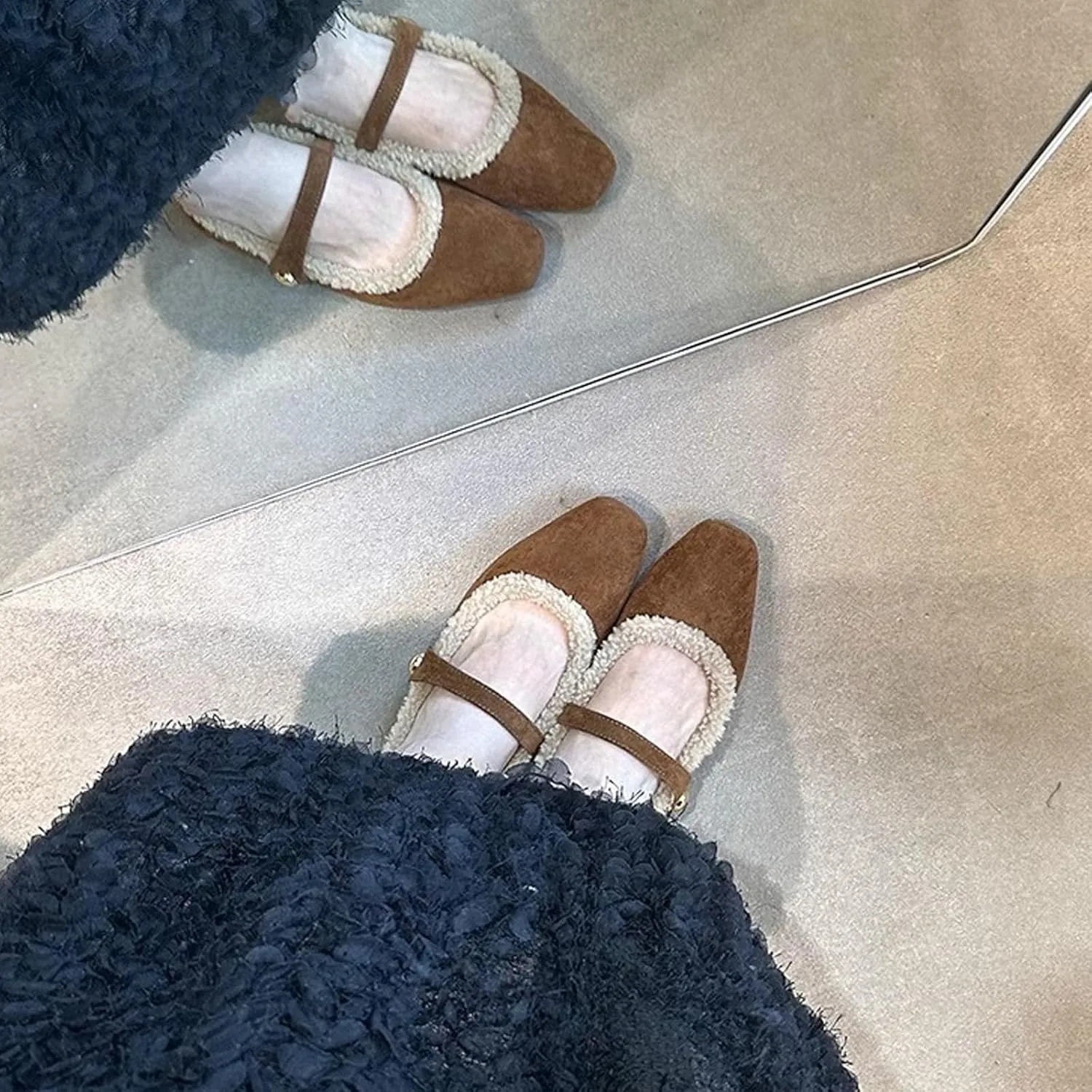 Mary Jane Flats for Women Faux Fur Ballet Flats Winter Fuzzy Warm Comfy Flats Slip On Flats Shoes Warm Plush Lined