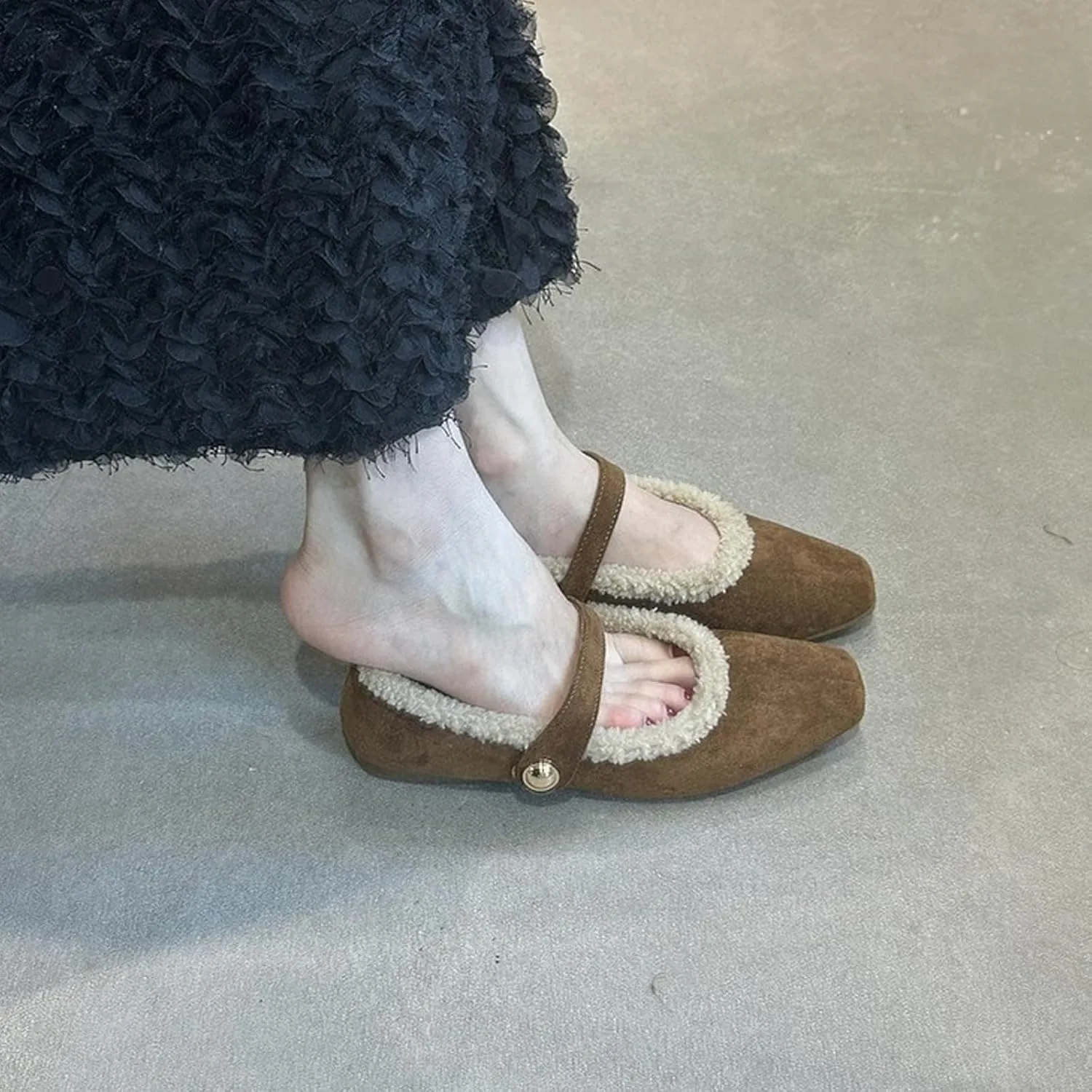 Mary Jane Flats for Women Faux Fur Ballet Flats Winter Fuzzy Warm Comfy Flats Slip On Flats Shoes Warm Plush Lined