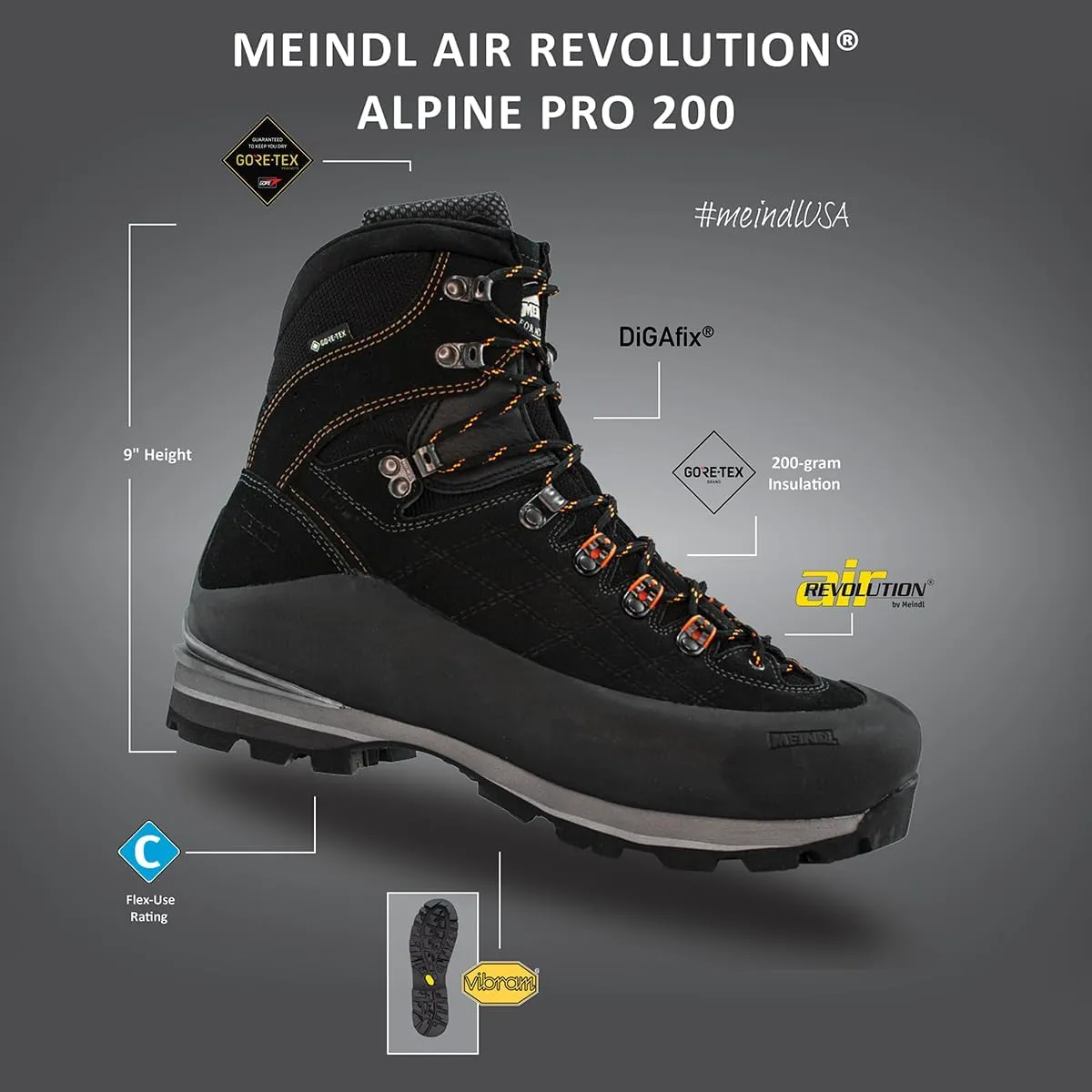 Meindl Men's Air-Revolution Alpine Pro 200-gram | Gore Air Fiber Insulation | Gore-Tex Waterproof Insulated Mountain Boot | Climate-Control Technology | Made in Europe