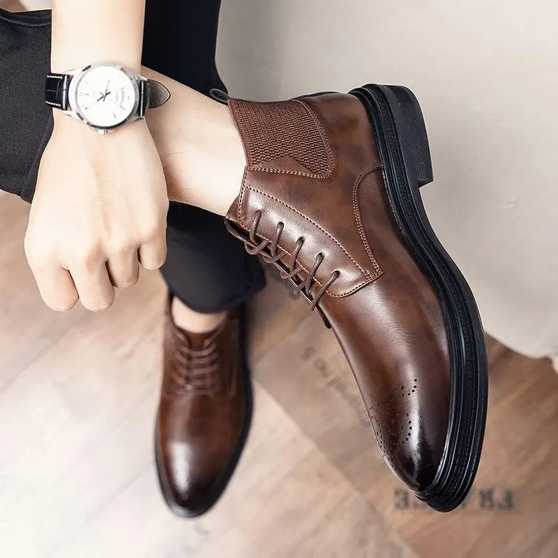 Mens Ankle Boots Slip Resistant Waterproof Wearable Round Burnished Toe Brogue Embossed Vegan Leather Stylish Dress