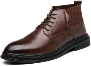 Mens Ankle Boots Slip Resistant Waterproof Wearable Round Burnished Toe Brogue Embossed Vegan Leather Stylish Dress