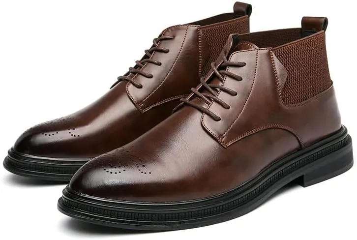 Mens Ankle Boots Slip Resistant Waterproof Wearable Round Burnished Toe Brogue Embossed Vegan Leather Stylish Dress