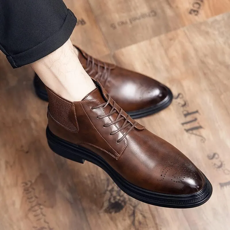 Mens Ankle Boots Slip Resistant Waterproof Wearable Round Burnished Toe Brogue Embossed Vegan Leather Stylish Dress