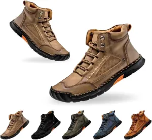 Men's Handmade Leather Boots - Comfortable Waterproof Arch Support, Hand-Stitched Ankle Boots with Wide Toe Box for Outdoor Use
