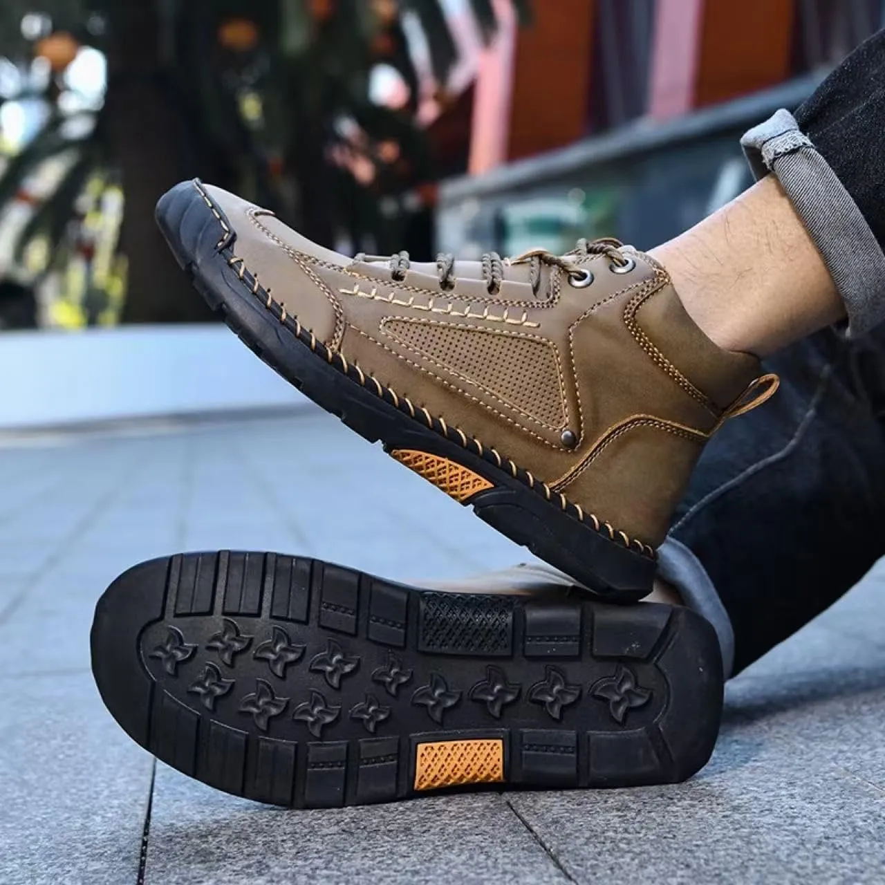 Men's Handmade Leather Boots - Comfortable Waterproof Arch Support, Hand-Stitched Ankle Boots with Wide Toe Box for Outdoor Use