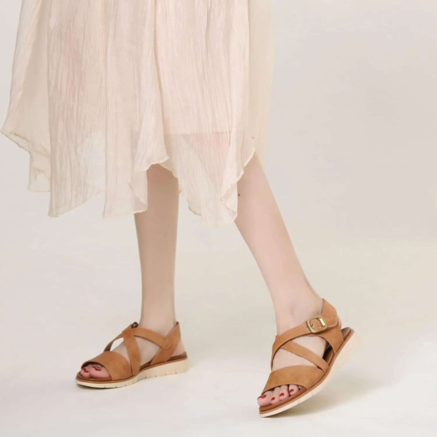 Men's Leather Sandals Open Toe Slip On Beach Slides Comfortable Soft Sole Walking Shoes Summer Wide Width Flat Sandals