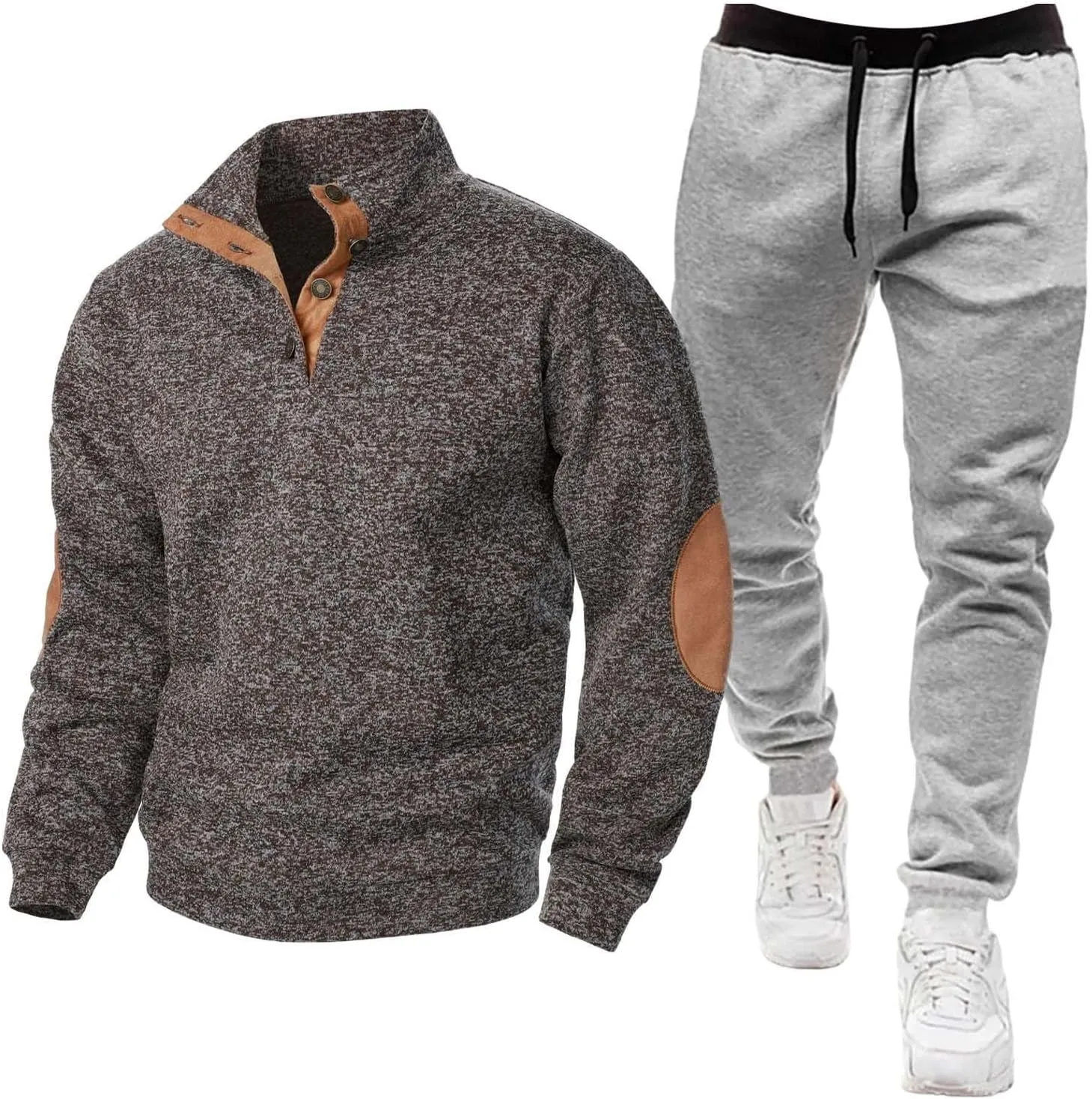 Mens Polo Sweatsuit 2 Piece Quarter Button Patch Pullover Sweatshirt Jogger Sweatpants Sets Casual Tracksuit Outfits