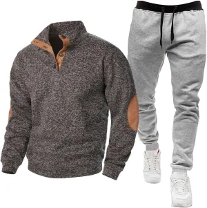 Mens Polo Sweatsuit 2 Piece Quarter Button Patch Pullover Sweatshirt Jogger Sweatpants Sets Casual Tracksuit Outfits
