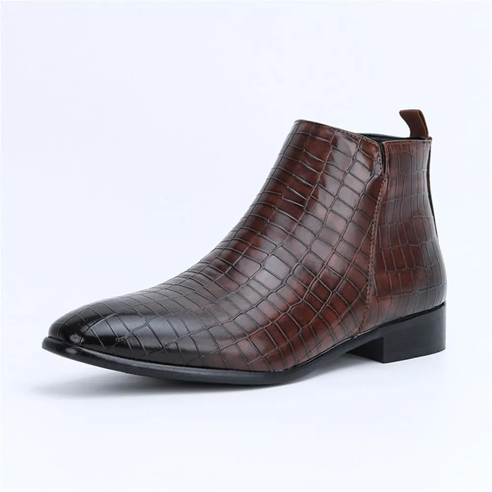 Men's Slip on Ankle Booties Low Heel Crocodile Print Chelsea Dress Boots