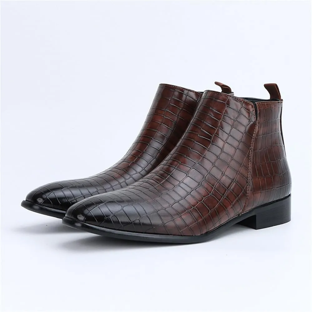 Men's Slip on Ankle Booties Low Heel Crocodile Print Chelsea Dress Boots