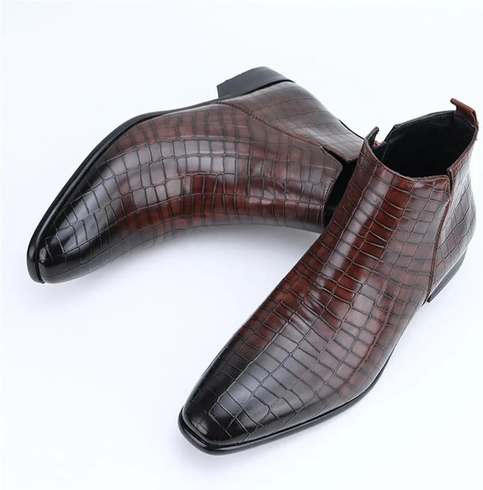 Men's Slip on Ankle Booties Low Heel Crocodile Print Chelsea Dress Boots