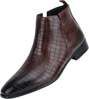 Men's Slip on Ankle Booties Low Heel Crocodile Print Chelsea Dress Boots