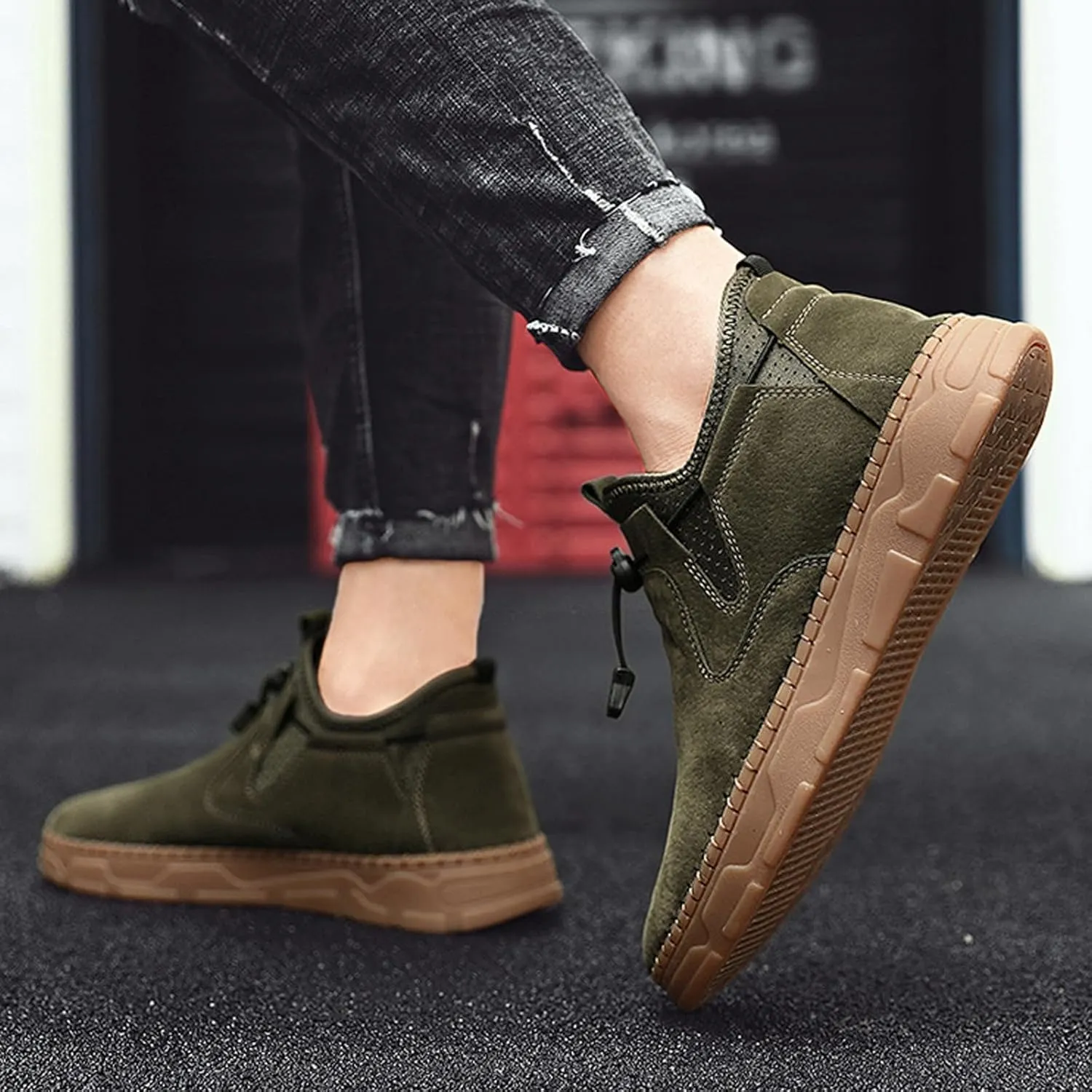 Men's Suede Hand Stitching Flat Ankle Boots,Fashion Adjustable Buckle Chukka Boot Comfortable Slip On Loafer Non-Slip Oxfords Casual Breathable Work Walking Driving Shoes