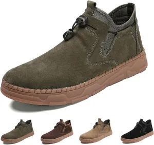 Men's Suede Hand Stitching Flat Ankle Boots,Fashion Adjustable Buckle Chukka Boot Comfortable Slip On Loafer Non-Slip Oxfords Casual Breathable Work Walking Driving Shoes