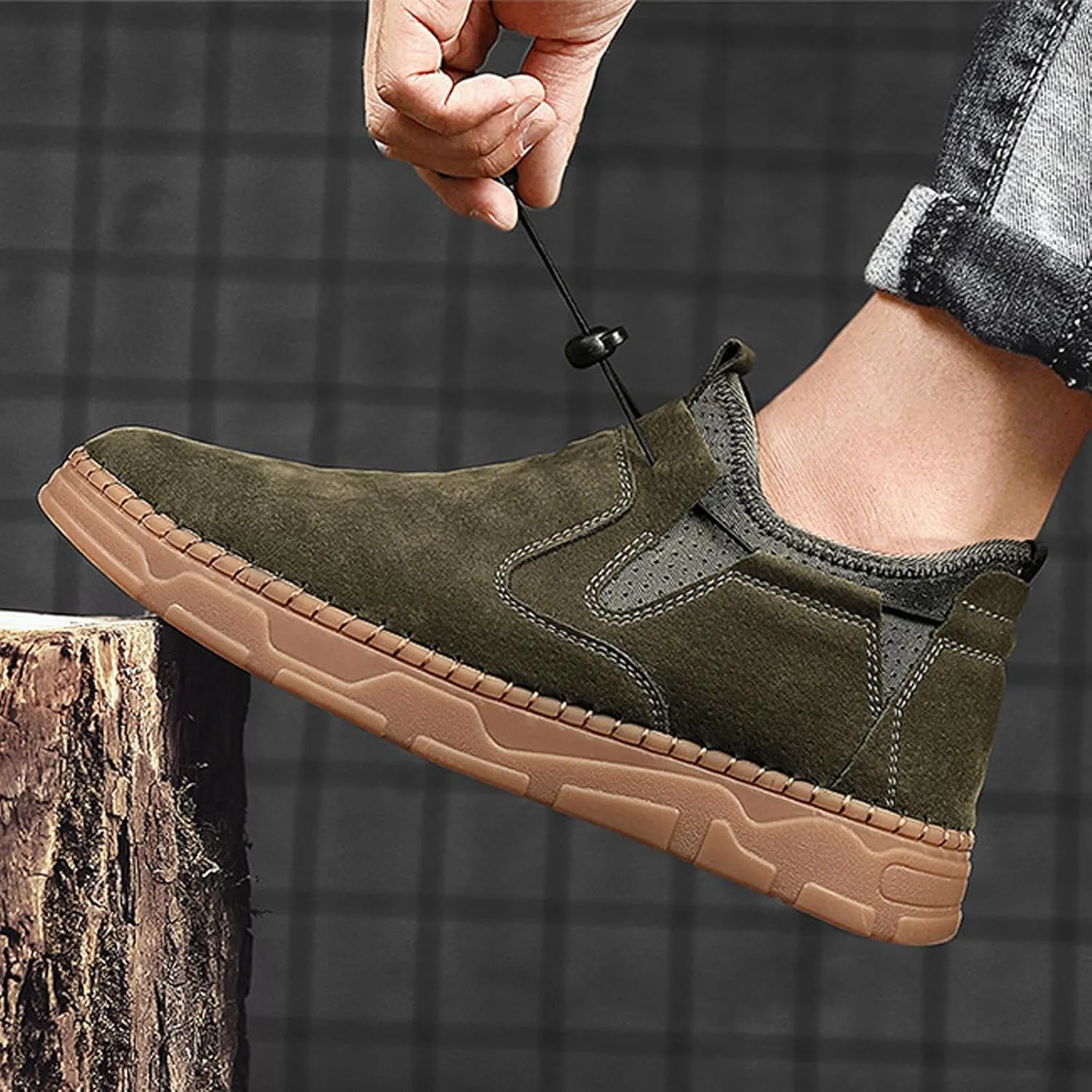 Men's Suede Hand Stitching Flat Ankle Boots,Fashion Adjustable Buckle Chukka Boot Comfortable Slip On Loafer Non-Slip Oxfords Casual Breathable Work Walking Driving Shoes