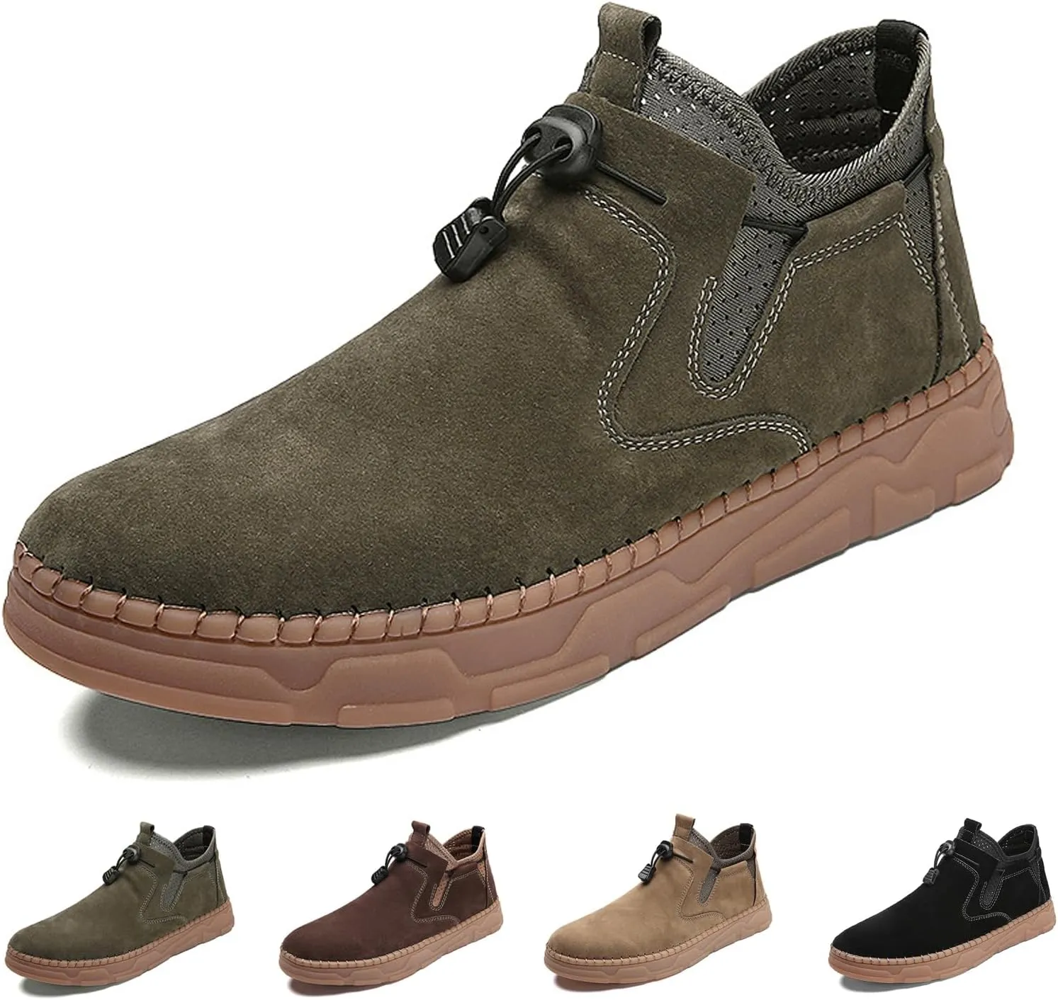 Men's Suede Hand Stitching Flat Ankle Boots,Fashion Adjustable Buckle Chukka Boot Comfortable Slip On Loafer Non-Slip Oxfords Casual Breathable Work Walking Driving Shoes