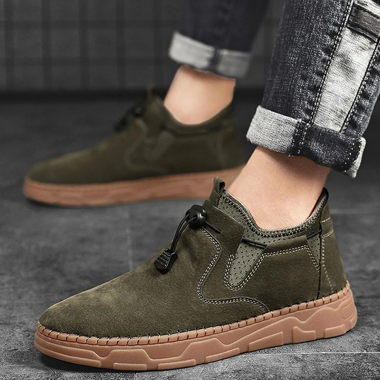 Men's Suede Hand Stitching Flat Ankle Boots,Fashion Adjustable Buckle Chukka Boot Comfortable Slip On Loafer Non-Slip Oxfords Casual Breathable Work Walking Driving Shoes