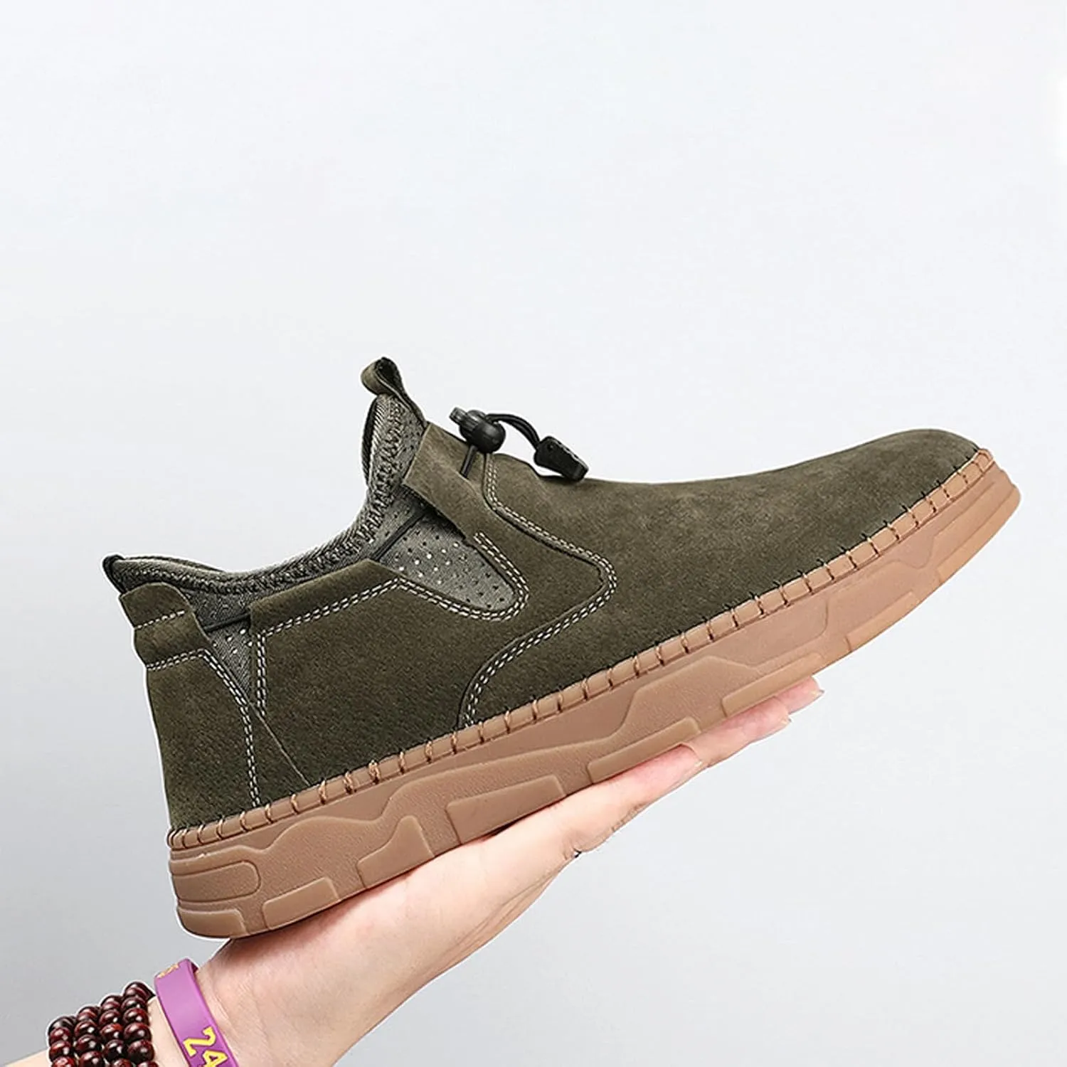 Men's Suede Hand Stitching Flat Ankle Boots,Fashion Adjustable Buckle Chukka Boot Comfortable Slip On Loafer Non-Slip Oxfords Casual Breathable Work Walking Driving Shoes