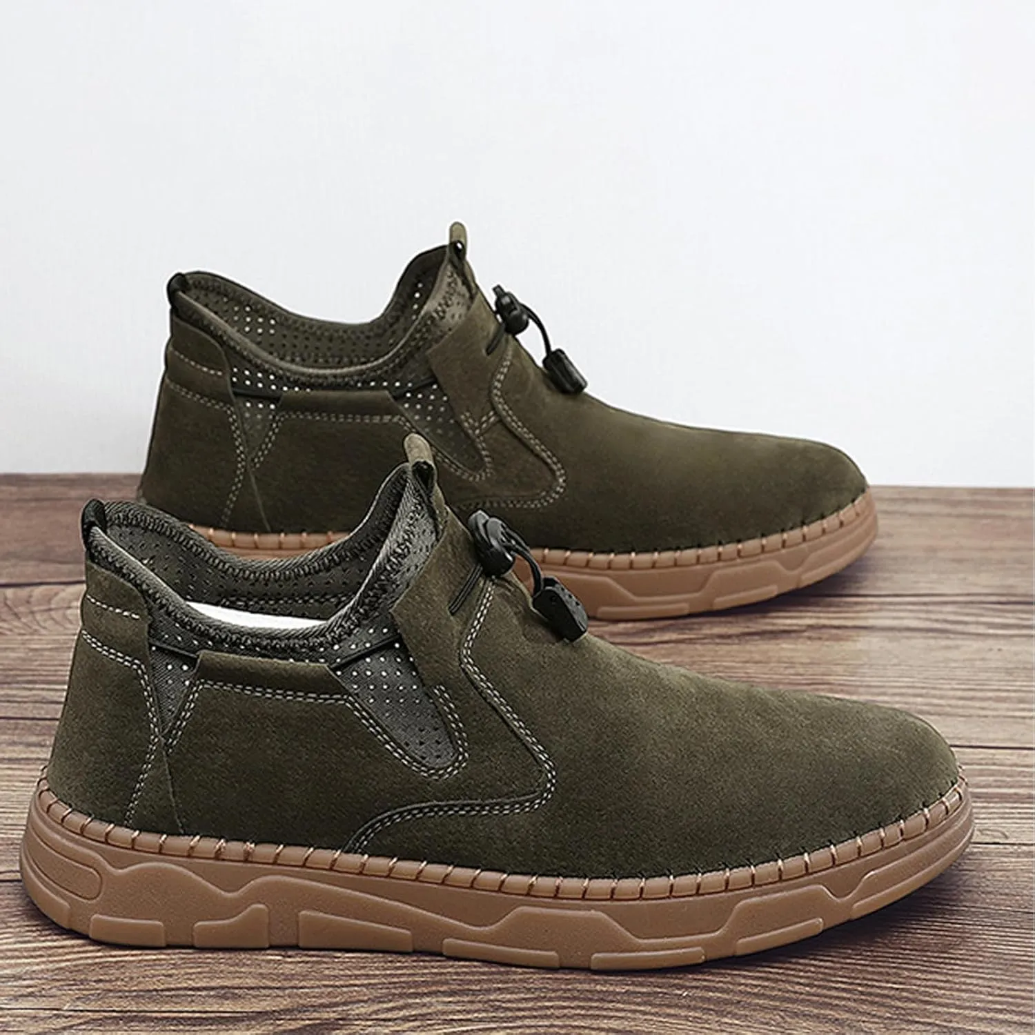 Men's Suede Hand Stitching Flat Ankle Boots,Fashion Adjustable Buckle Chukka Boot Comfortable Slip On Loafer Non-Slip Oxfords Casual Breathable Work Walking Driving Shoes