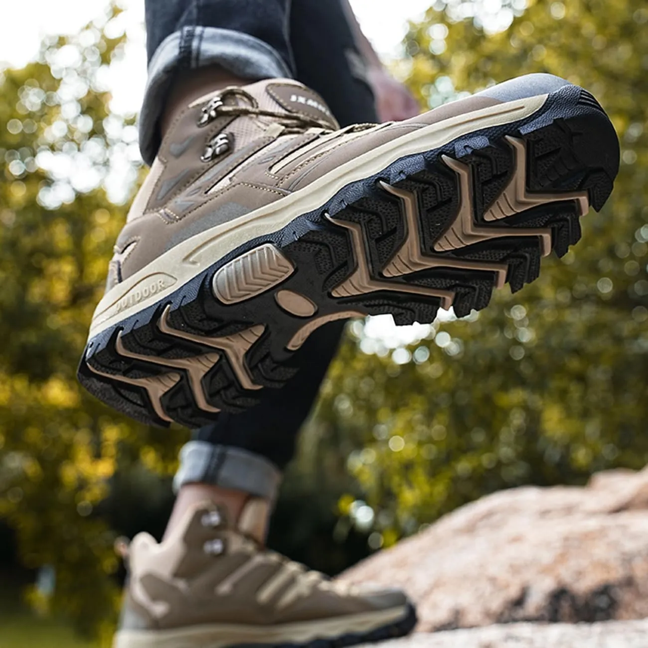 Men's Waterproof Hiking Boots High-Top Leather Non-Slip Outdoor Shoes for Mountain Trekking, Trail & Camping
