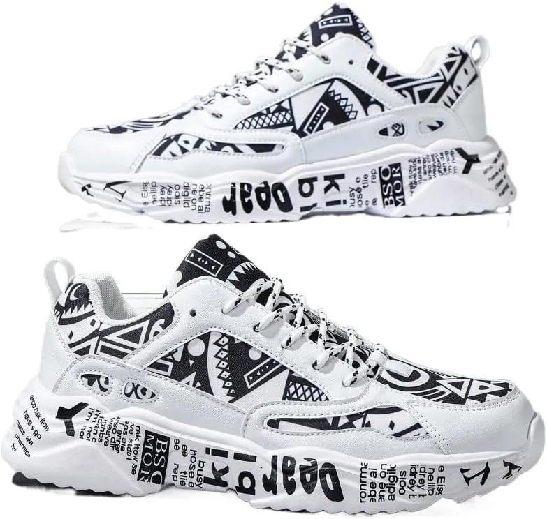 Men's White Thick-Soled Athletic Shoes With Graffiti Pattern, Lace-Up Front, Comfortable, Lightweight, Round Toe, Versatile, Breathable, Suitable For Walking, Casual, Sports And Campus Youth Style