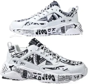 Men's White Thick-Soled Athletic Shoes With Graffiti Pattern, Lace-Up Front, Comfortable, Lightweight, Round Toe, Versatile, Breathable, Suitable For Walking, Casual, Sports And Campus Youth Style