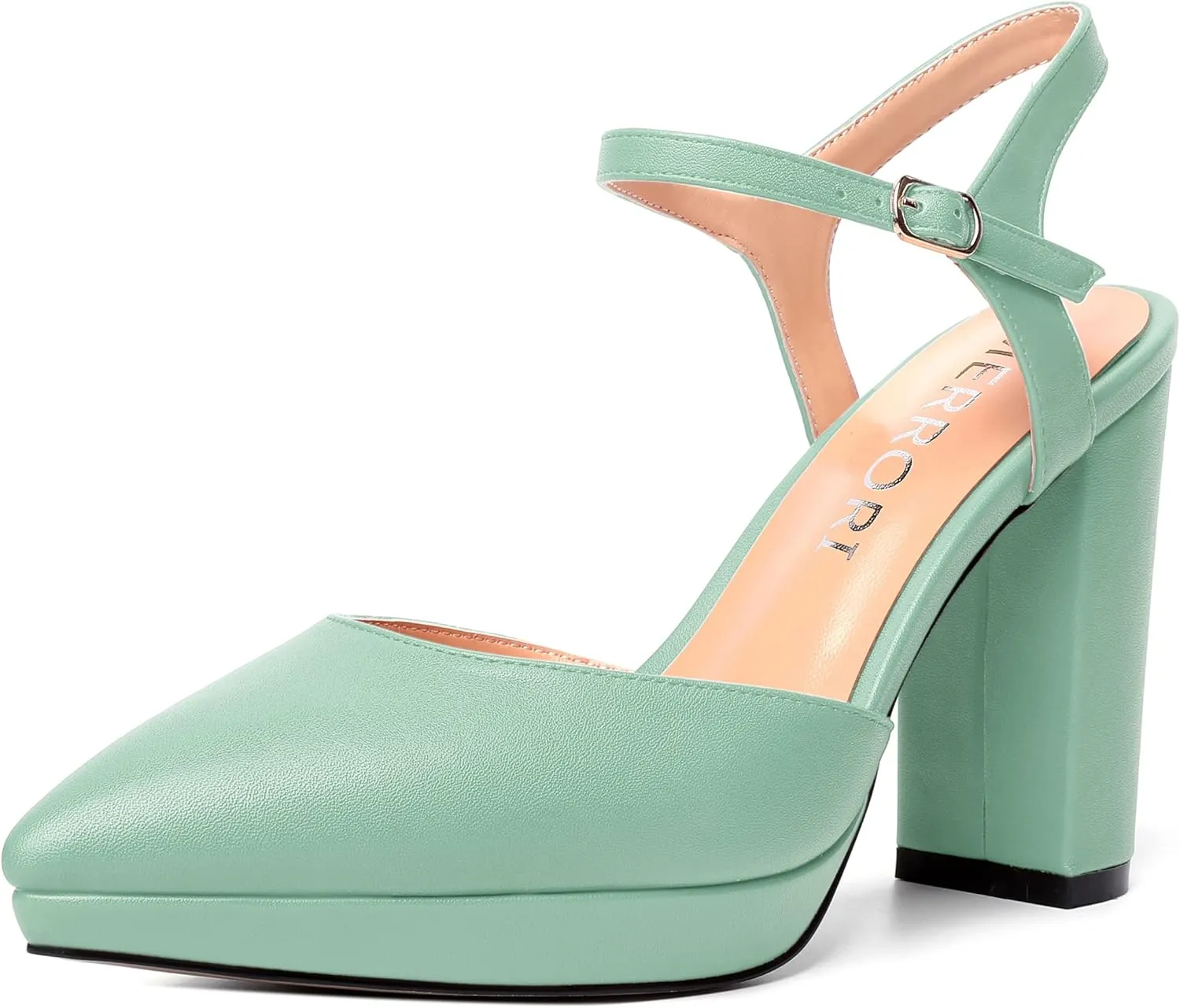 MERRORI Womens Evening Matte Sandals Dress Buckle Pointed Toe Ankle Strap Chunky High Heel Pumps Shoes 4 Inch