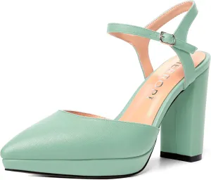 MERRORI Womens Evening Matte Sandals Dress Buckle Pointed Toe Ankle Strap Chunky High Heel Pumps Shoes 4 Inch