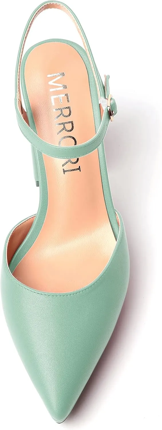 MERRORI Womens Evening Matte Sandals Dress Buckle Pointed Toe Ankle Strap Chunky High Heel Pumps Shoes 4 Inch