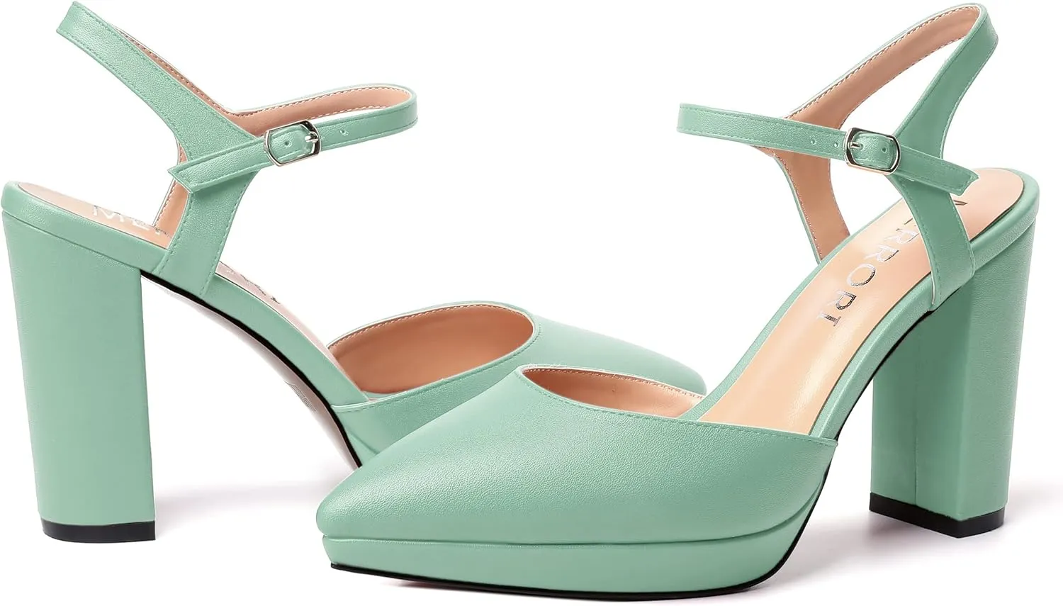 MERRORI Womens Evening Matte Sandals Dress Buckle Pointed Toe Ankle Strap Chunky High Heel Pumps Shoes 4 Inch