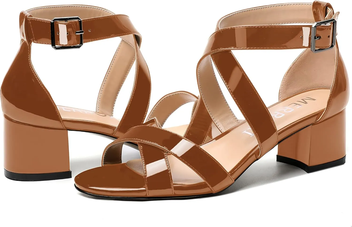MERRORI Women's Patent Solid Buckle Open Toe Party Ankle Strap Dress Chunky Low Heel Sandals 2 Inch