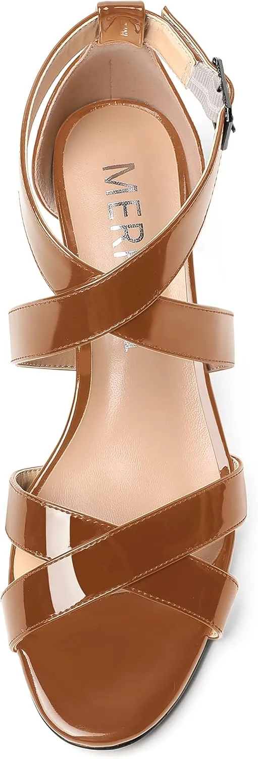 MERRORI Women's Patent Solid Buckle Open Toe Party Ankle Strap Dress Chunky Low Heel Sandals 2 Inch