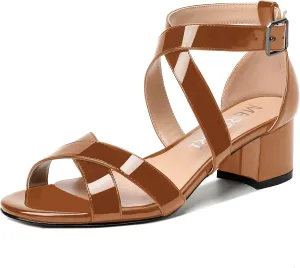 MERRORI Women's Patent Solid Buckle Open Toe Party Ankle Strap Dress Chunky Low Heel Sandals 2 Inch