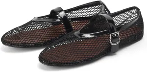 Mesh Ballet Flats for Women Buckle Strap Ballerina Flats Comfy Casual Ballerina Fishnet Mary Jane Flats Daily Dress