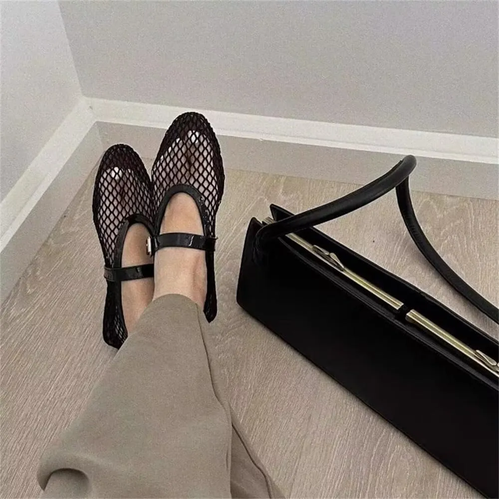 Mesh Ballet Flats for Women Buckle Strap Ballerina Flats Comfy Casual Ballerina Fishnet Mary Jane Flats Daily Dress
