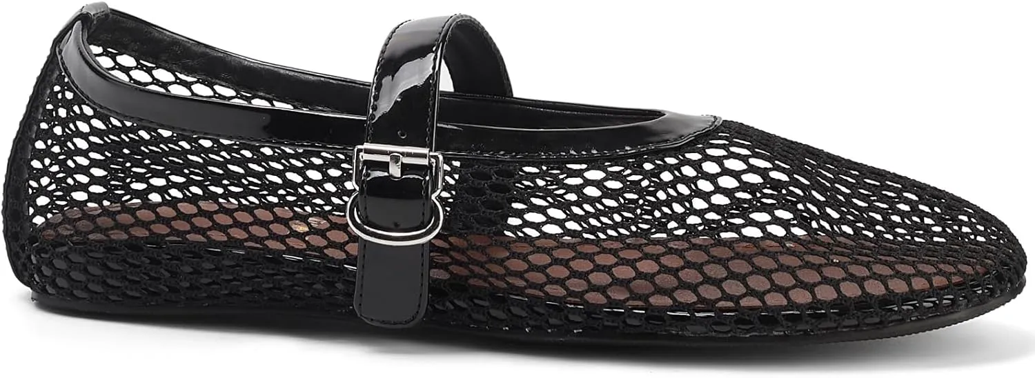 Mesh Ballet Flats for Women Buckle Strap Ballerina Flats Comfy Casual Ballerina Fishnet Mary Jane Flats Daily Dress