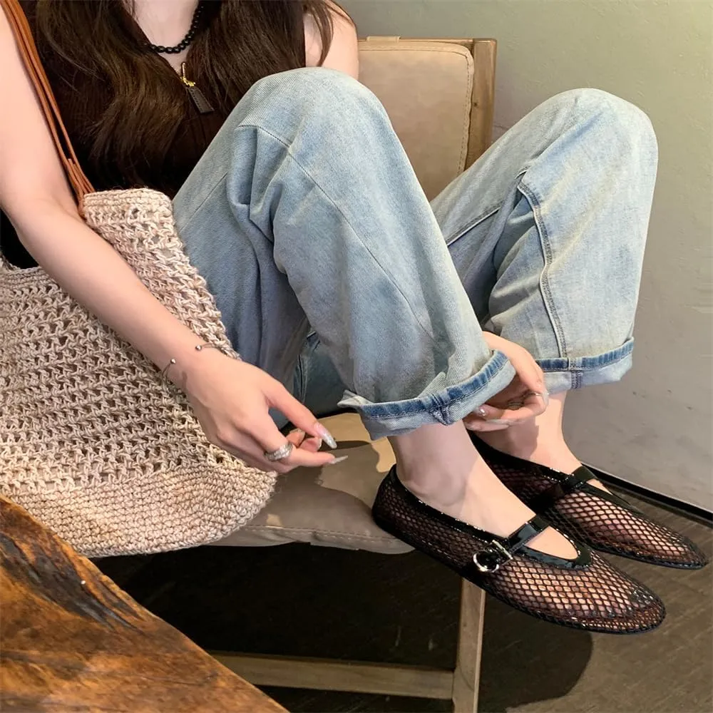 Mesh Ballet Flats for Women Buckle Strap Ballerina Flats Comfy Casual Ballerina Fishnet Mary Jane Flats Daily Dress