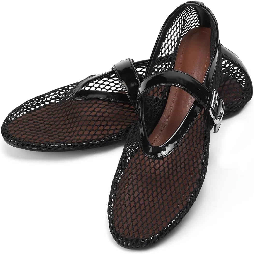 Mesh Ballet Flats for Women Buckle Strap Ballerina Flats Comfy Casual Ballerina Fishnet Mary Jane Flats Daily Dress