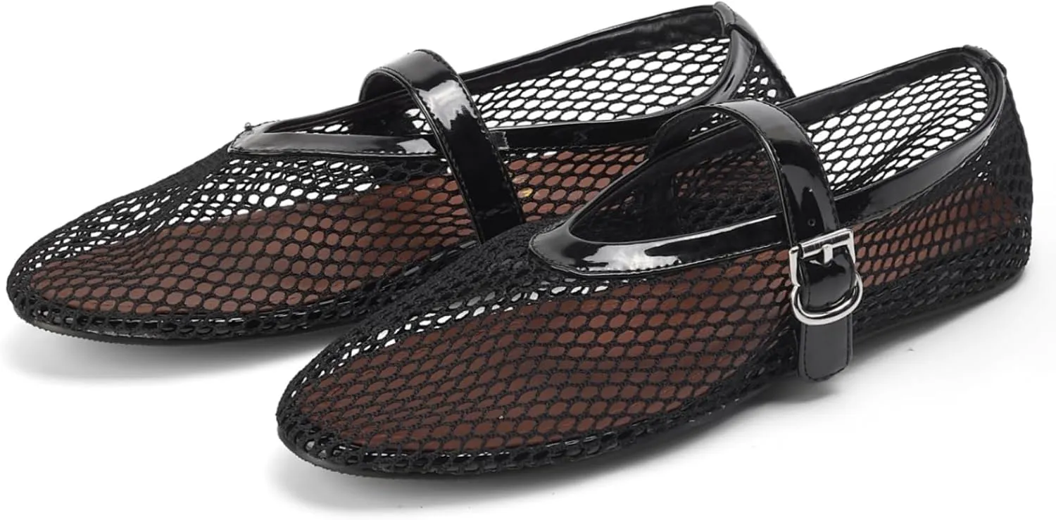 Mesh Ballet Flats for Women Buckle Strap Ballerina Flats Comfy Casual Ballerina Fishnet Mary Jane Flats Daily Dress