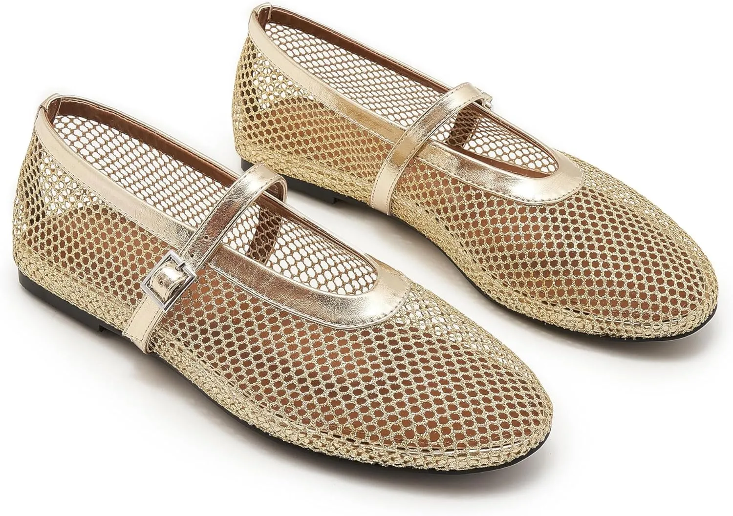 Mesh Ballet Flats for Women Buckle Strap Comfy Casual Office Mary Jane Flat Fishnet Ballerina Flat Shoes